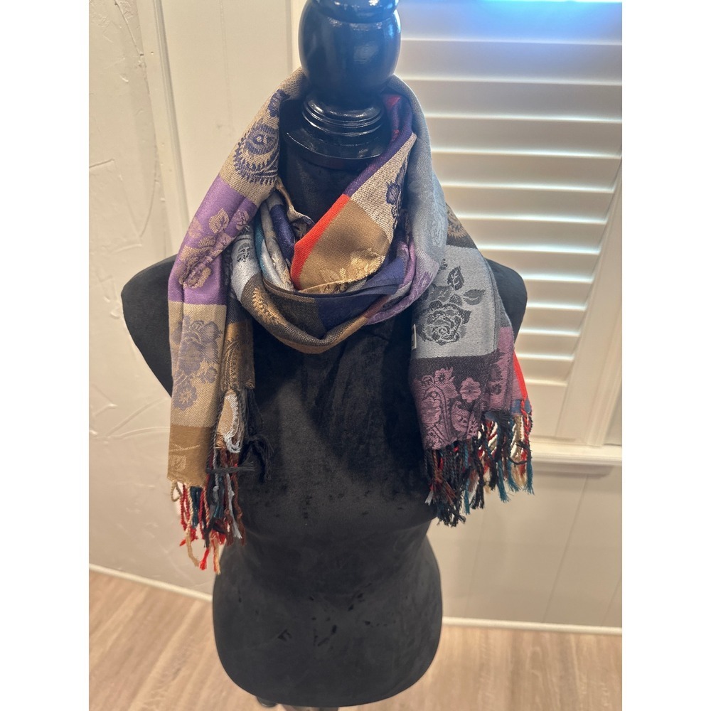 100% Pashmina Scarf Patchwork Floral Print Purple Gold Blue  Fringe boho winter
